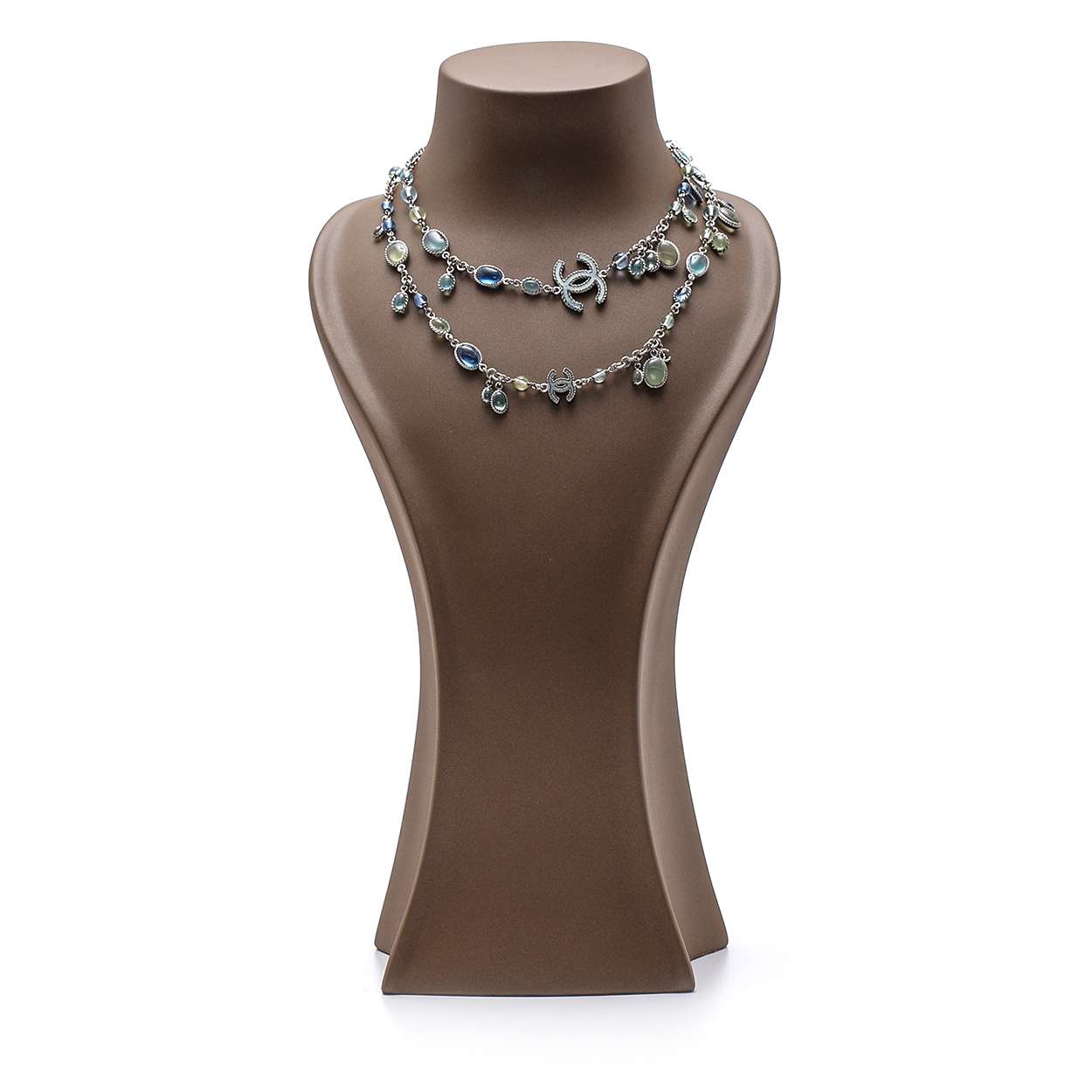 Chanel - Blue Green Silver Cc Gripoix Glass Stones Inlay Long Necklace